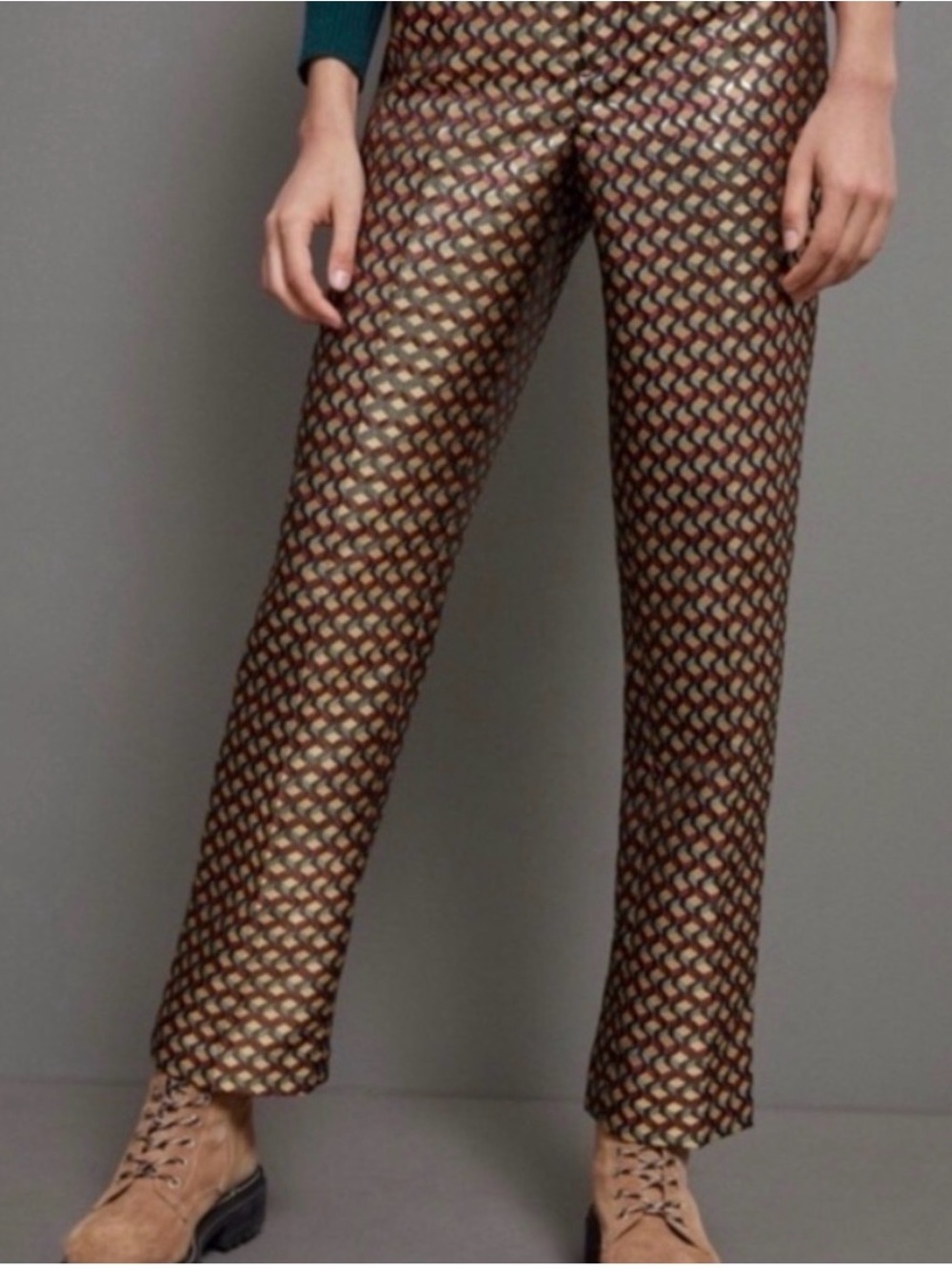 Anthropologie Metallic Jacquard Trousers – Gold Black Geometric – Size 6